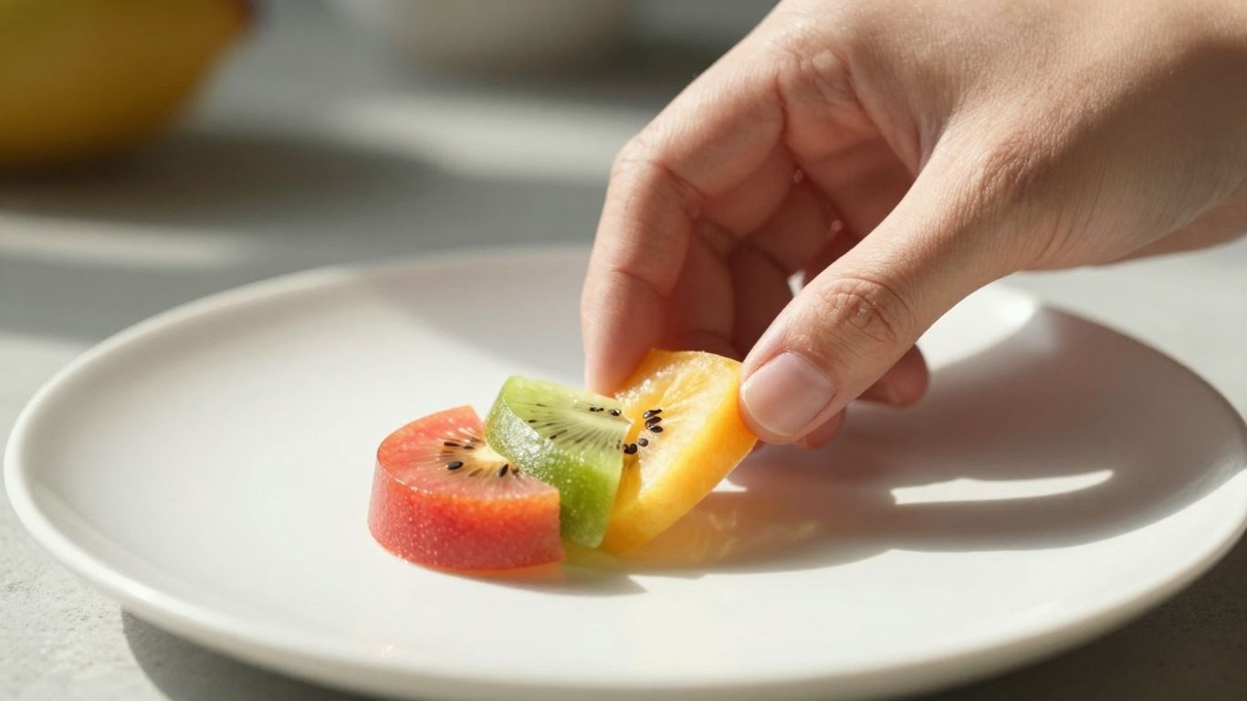 Hand placing fruit on a plate for mindful snacking.