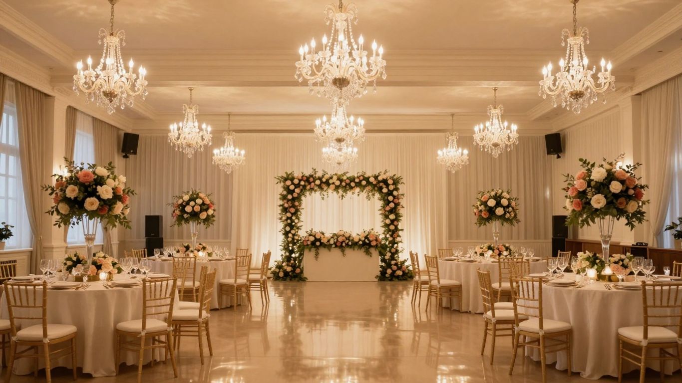 Elegant indoor wedding venue in Dallas with chandeliers.