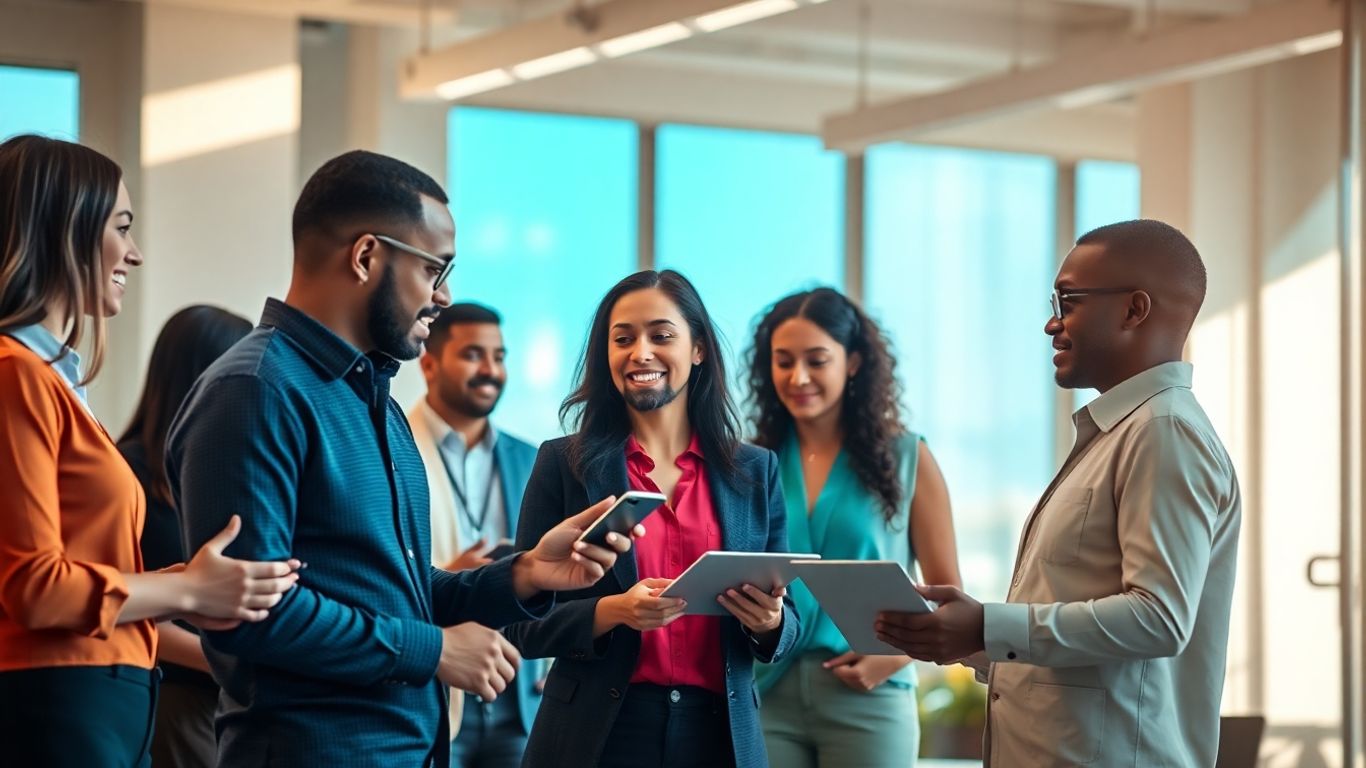 Modern office with professionals collaborating, future of workforce management.