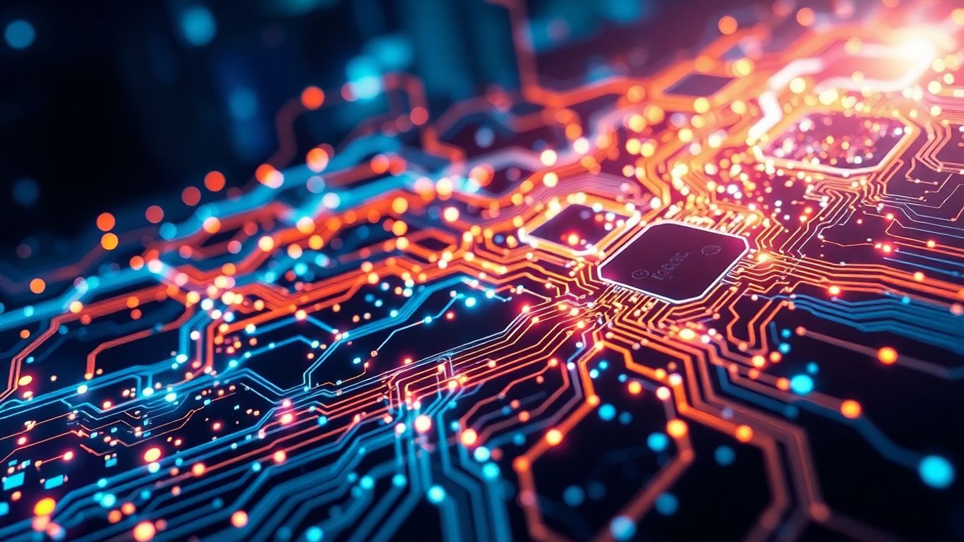 Modern technology with circuits and digital patterns.