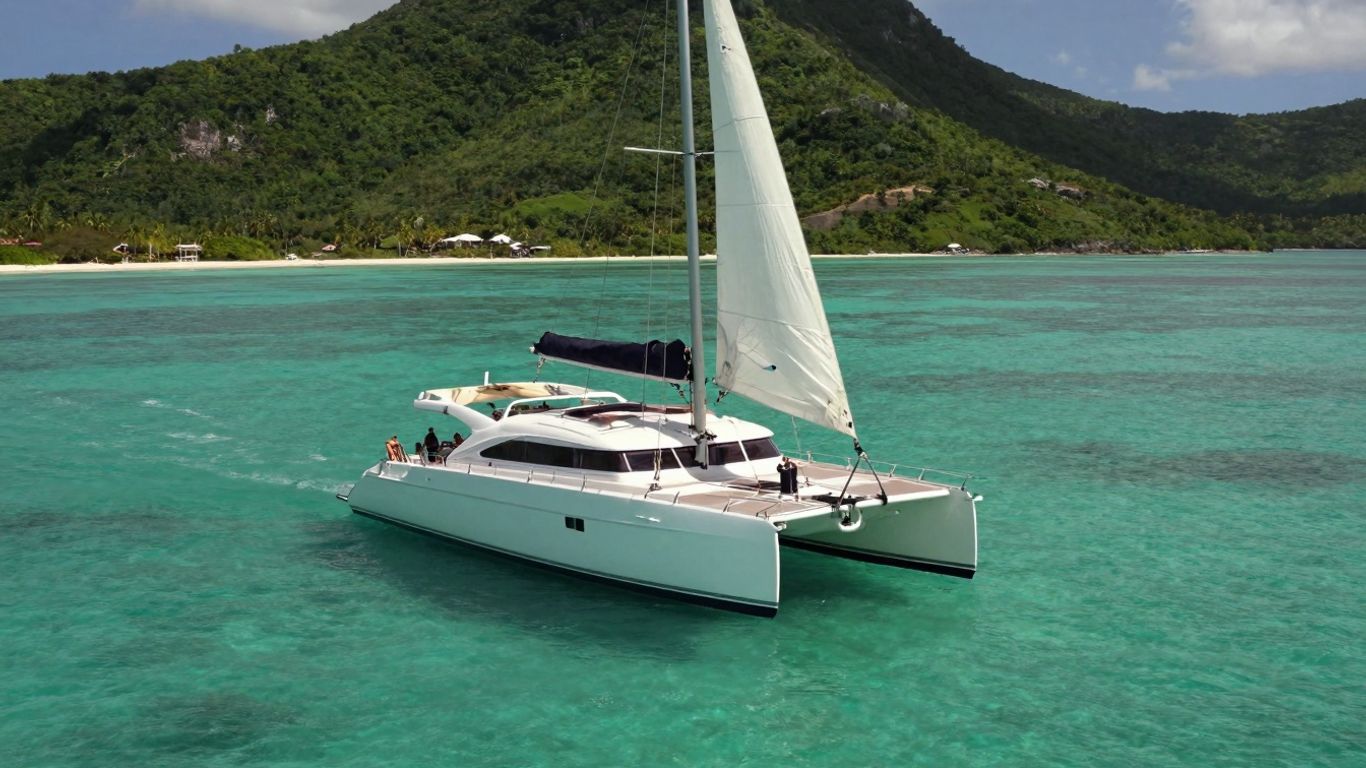 Luxury catamaran sailing in clear Caribbean waters near islands.