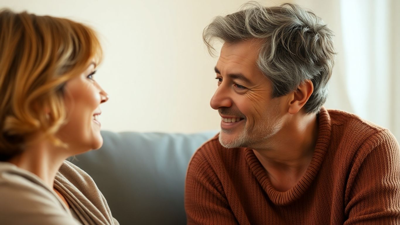 Two people talking calmly, sharing a moment of connection.