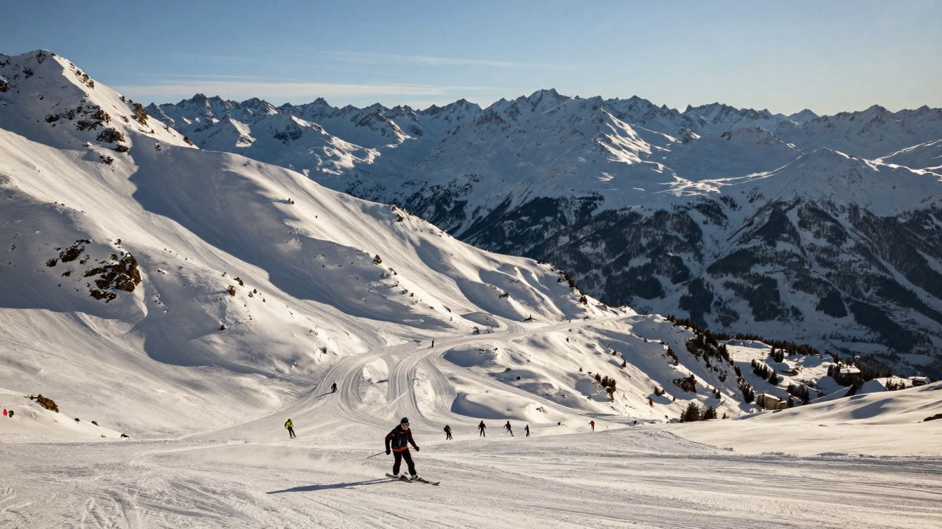 Snowy La Face de Bellevarde ski slope with skiers and mountains.
