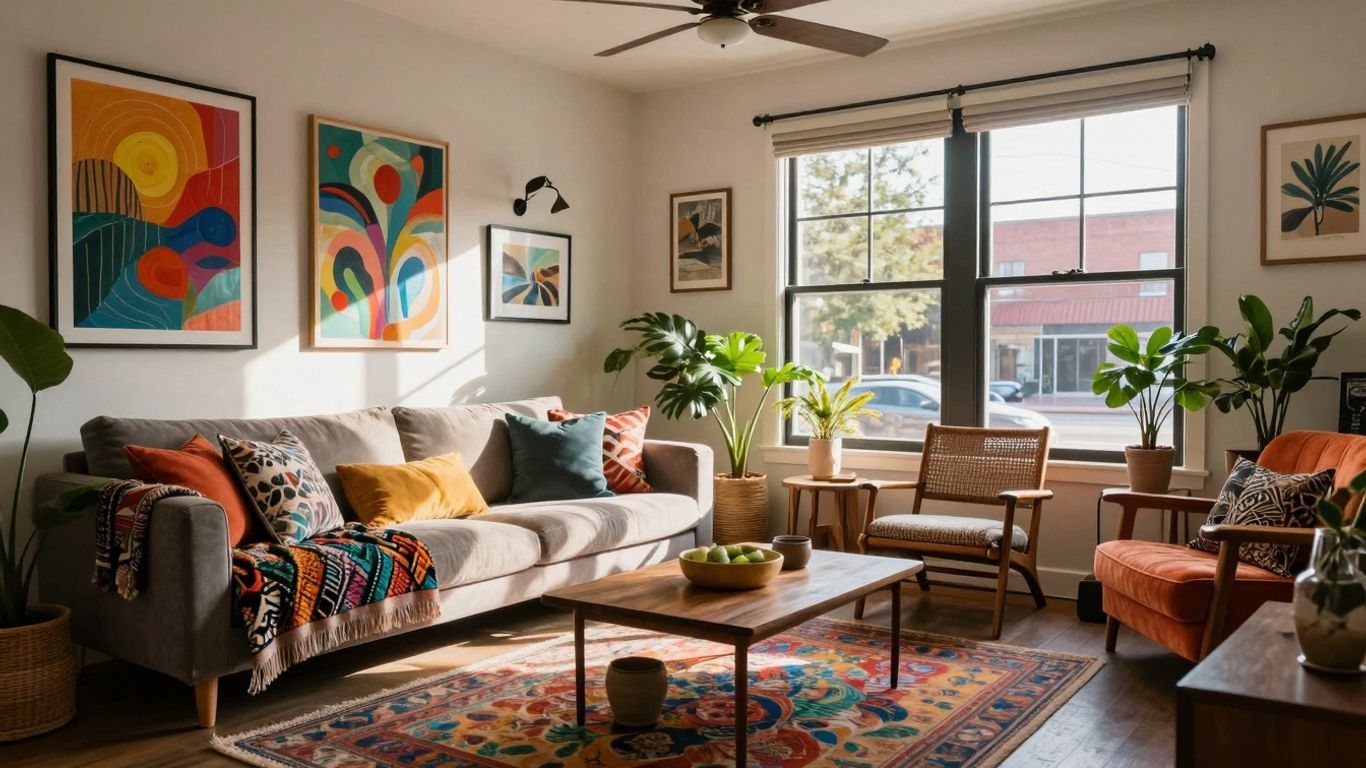 Austin Airbnb interior with local art and natural textures.