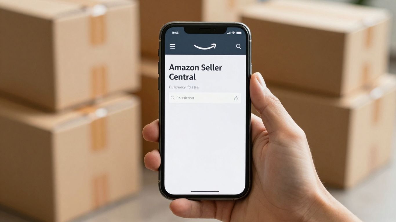 Amazon Seller Central app on a smartphone with FBA boxes.