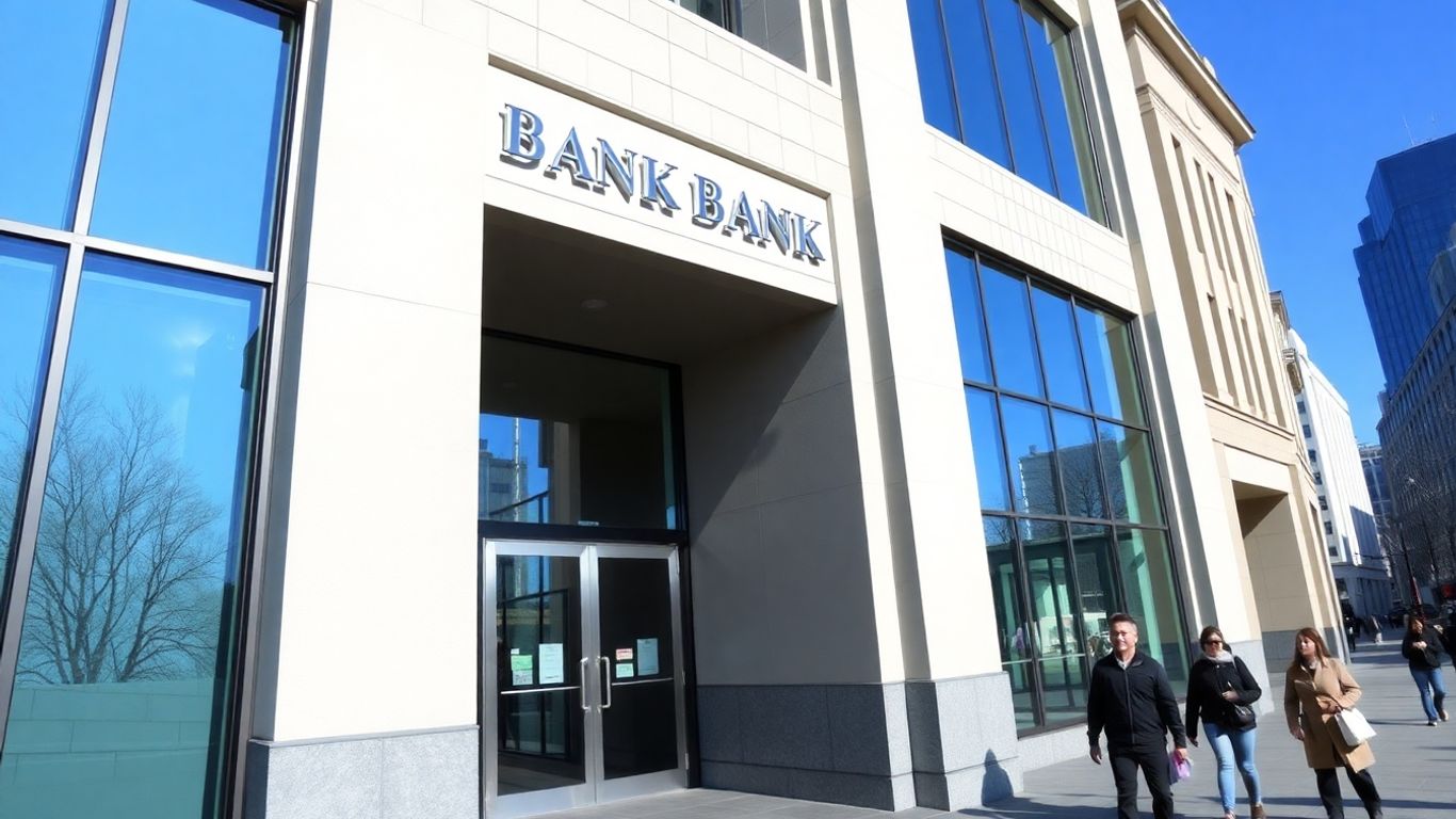Modern bank building exterior with people walking on sidewalk.