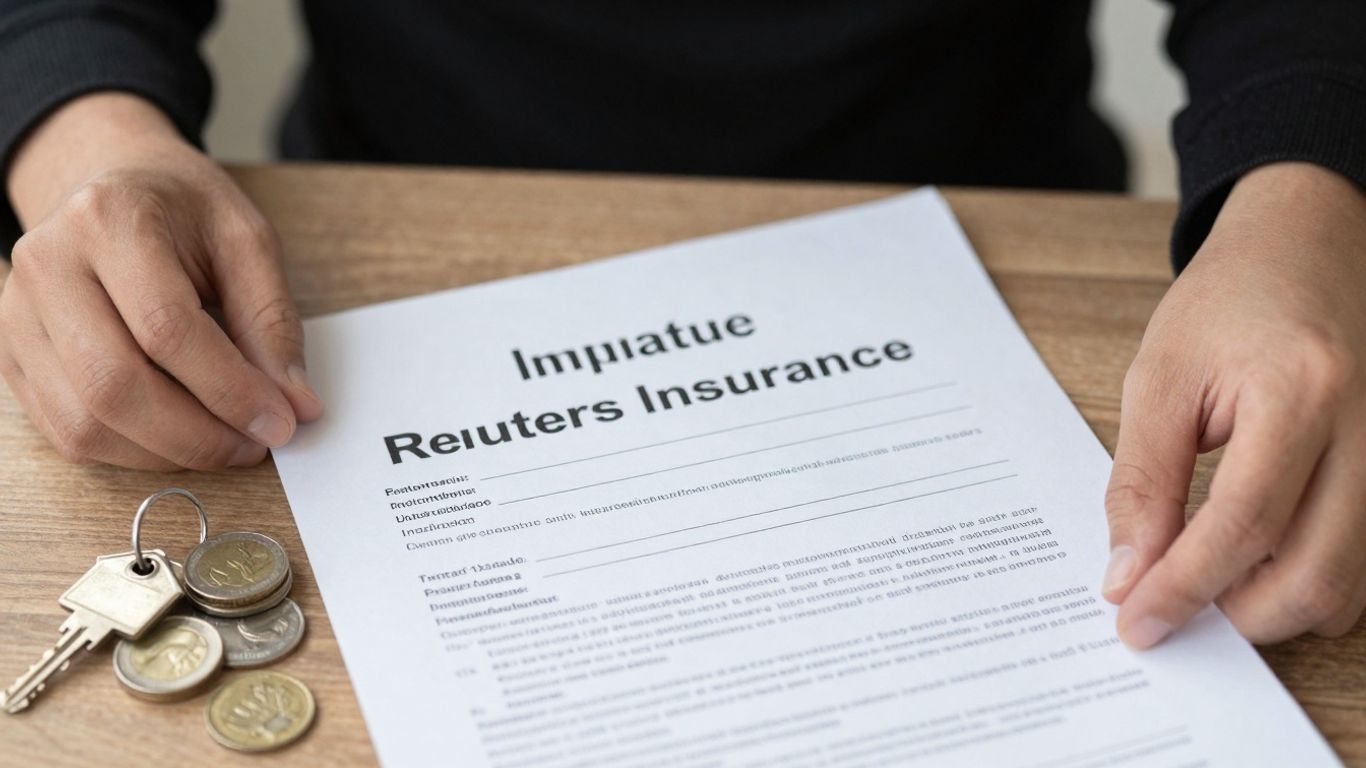 Renters insurance policy with coins and house key.