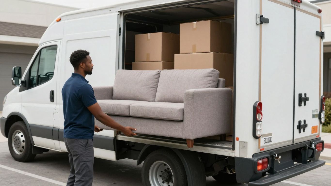 Movers loading a truck with packed household items.