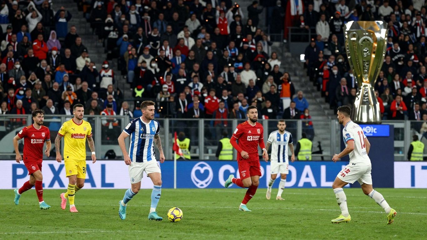 Coppa Italia football match action and trophy.