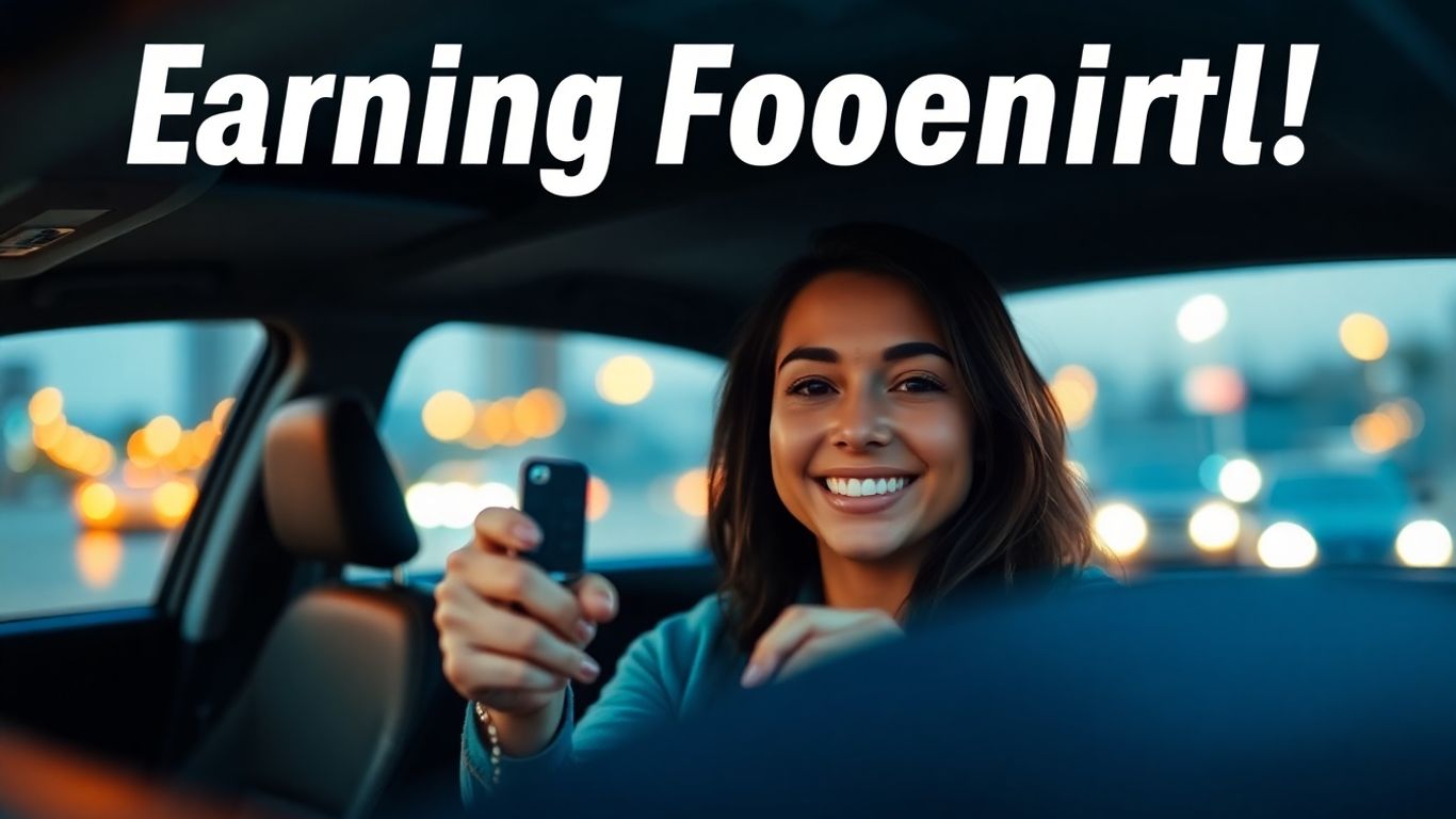 Ride-sharing driver in car, city lights at dusk.