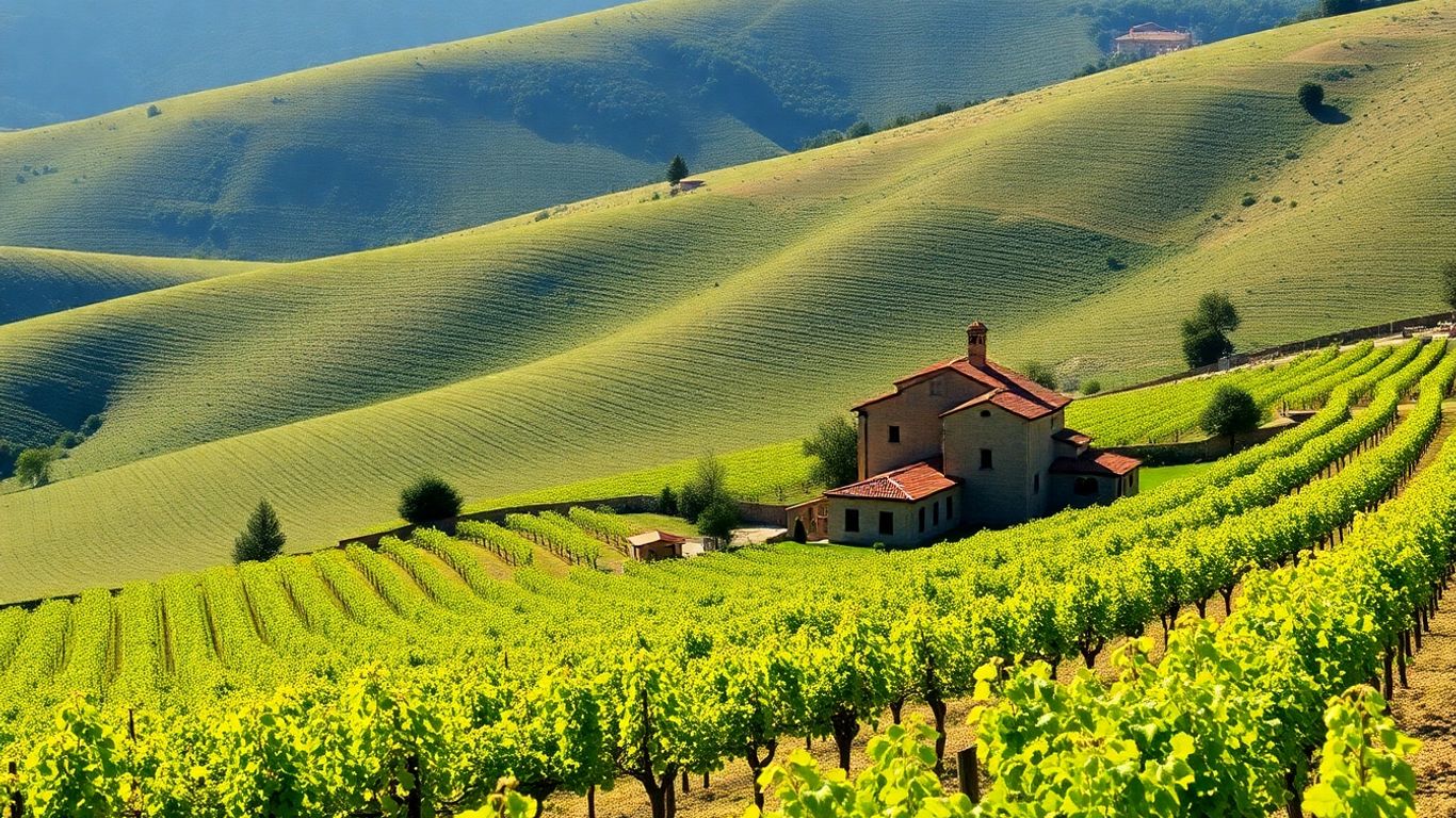 Vinhas e adega em La Rioja sob um céu ensolarado.