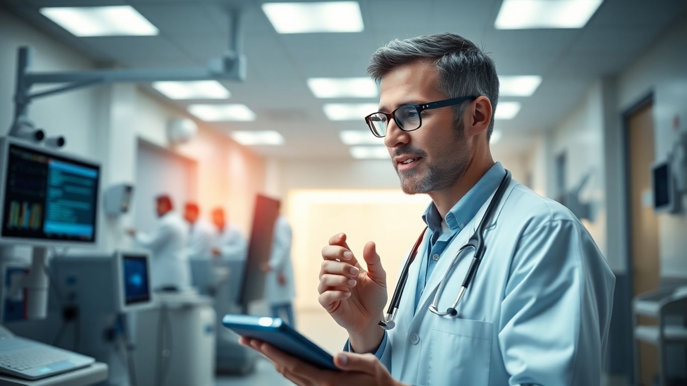 Clinician using voice AI device in hospital.