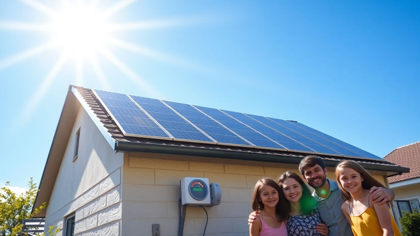 Panouri solare pe acoperiș, casă, familie, priză electrică.