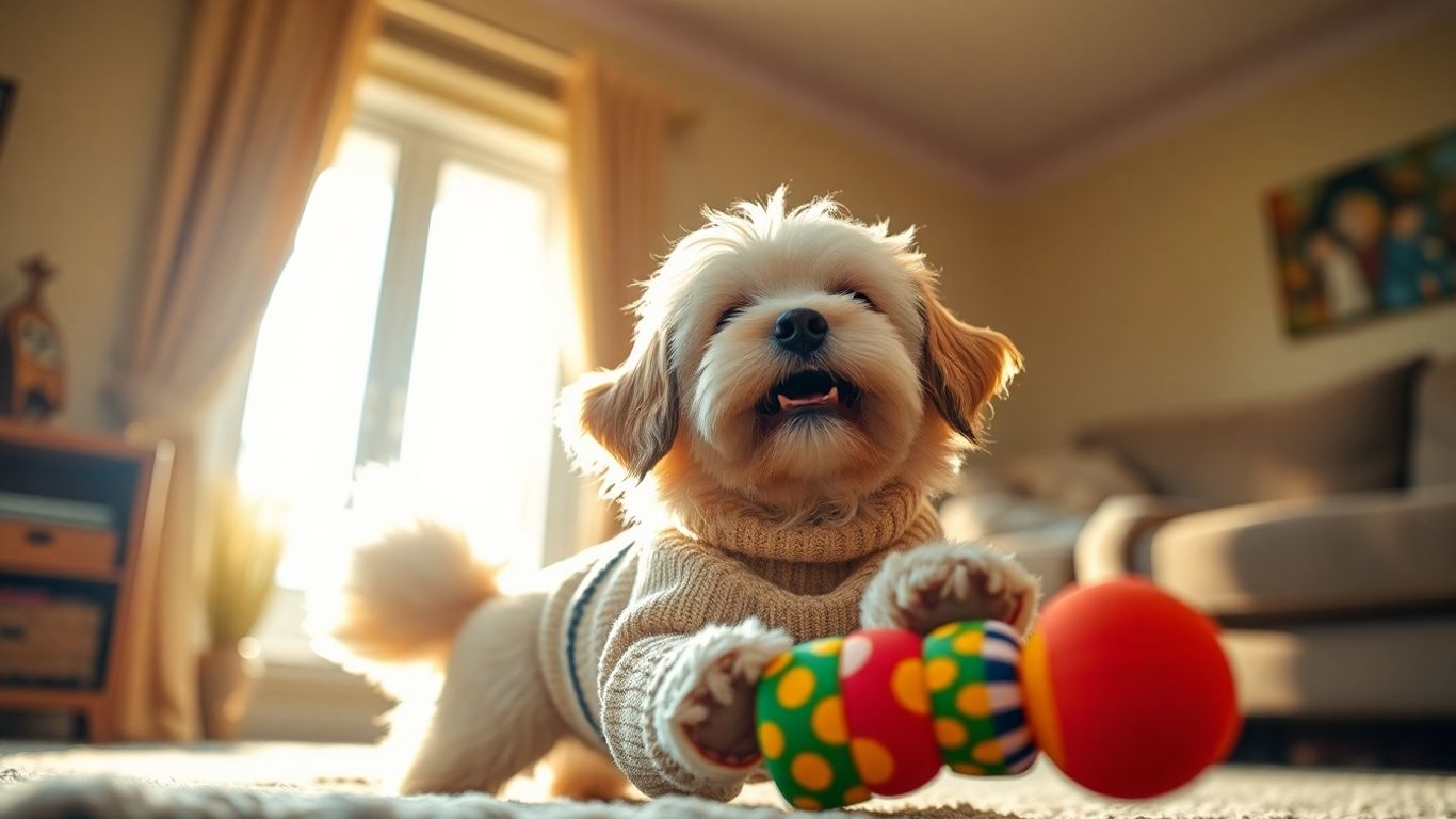 Dog playing indoors with a toy in a cozy sweater.