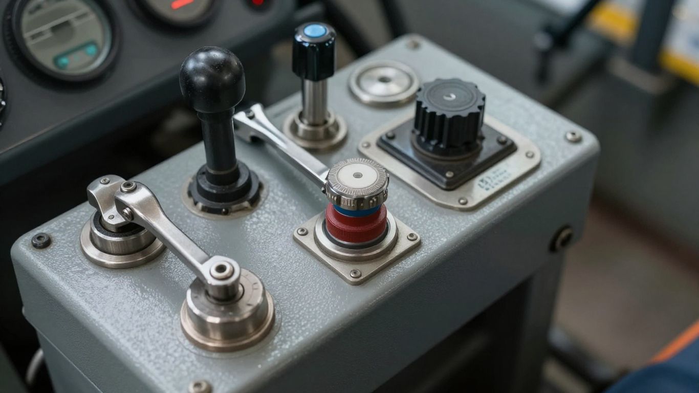 Crane operational controls and safety device close-up.