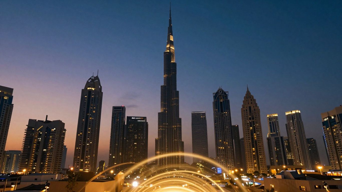 Dubai skyline with golden light swirl.