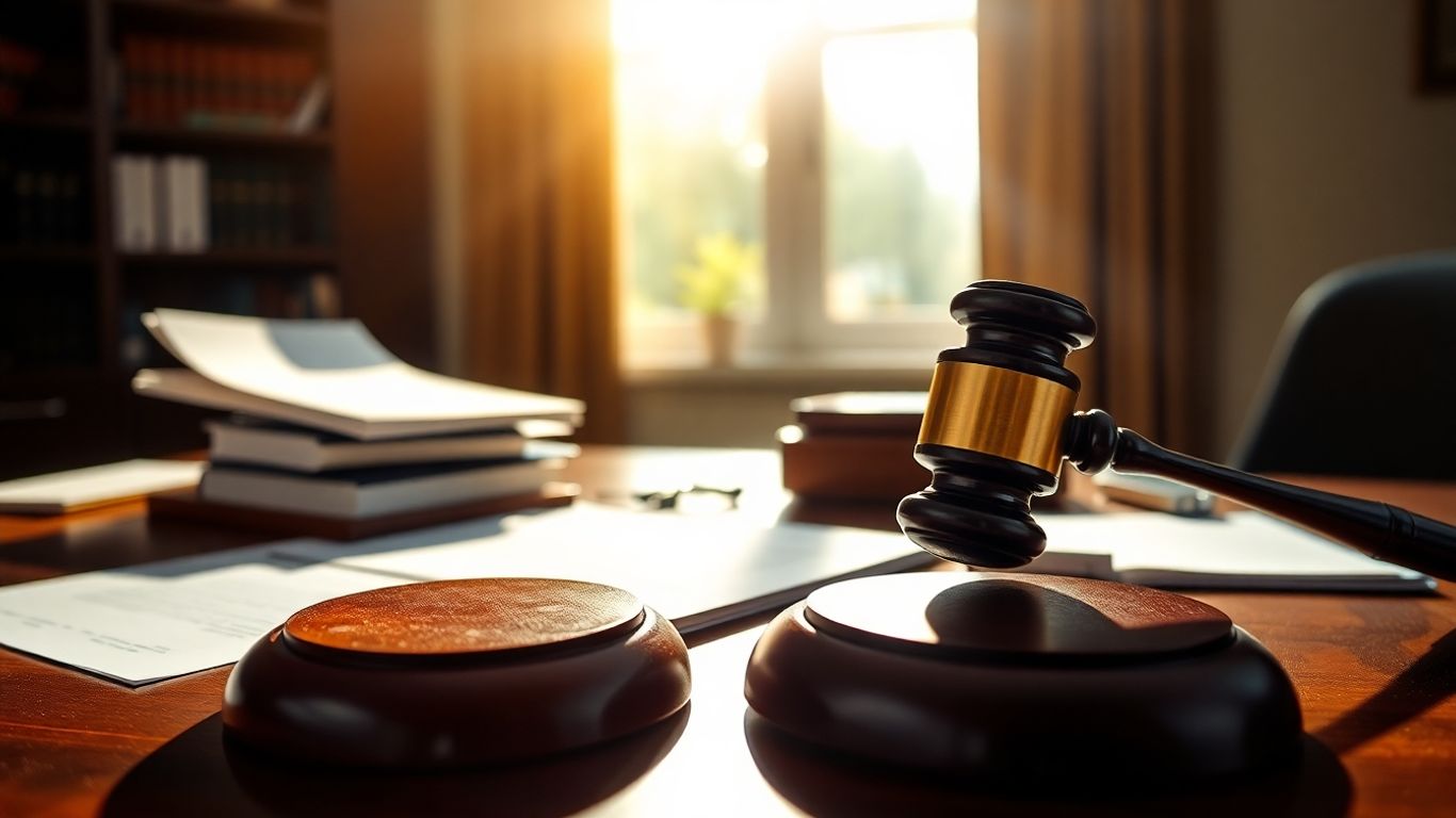 Gavel on desk with legal documents.