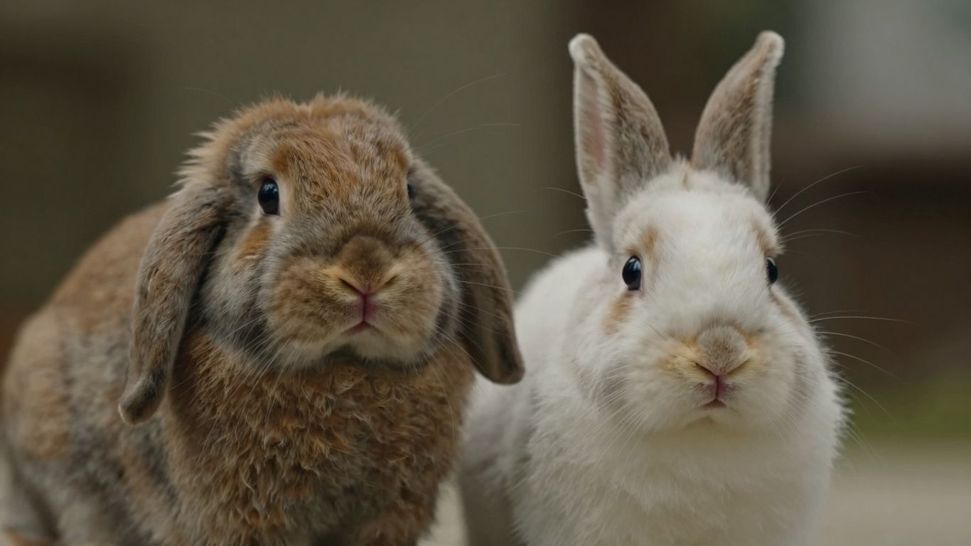 Two cute Holland Lop bunnies, one brown, one white.
