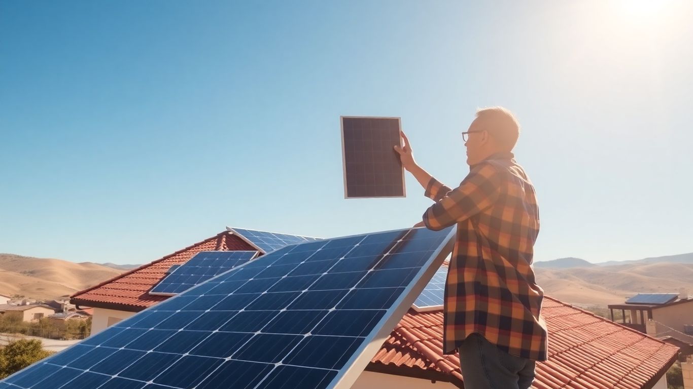 South African home with solar panels and a person inspecting one.