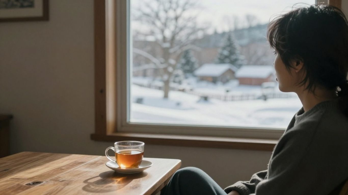 Person by window with snowy view, sunlight, and tea.