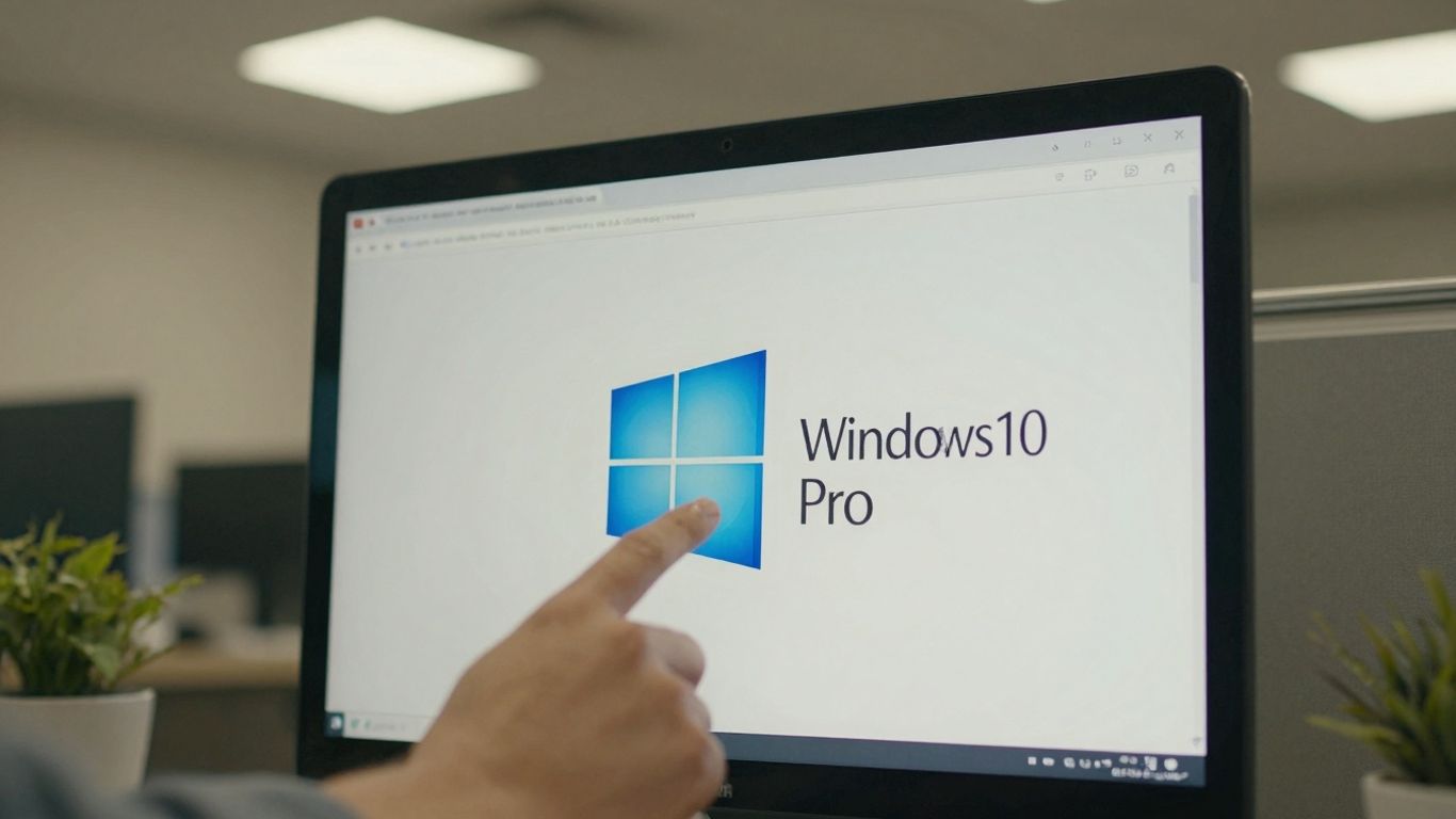 Logo de Windows 10 Pro en pantalla de computadora.