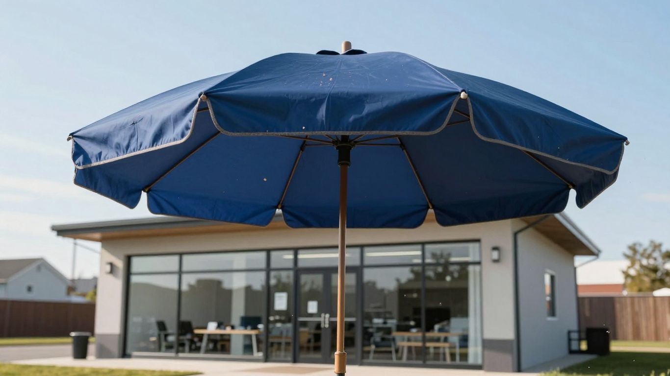 Large umbrella protecting a business building.