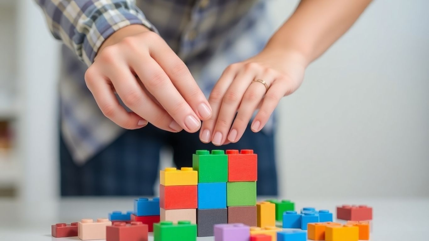 Părinte și copil construind împreună cu blocuri colorate.