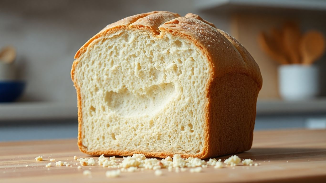 Collapsed gluten-free bread loaf on a kitchen counter.