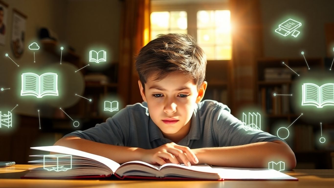 Estudante focado em estudos com ícones de aprendizado brilhantes.