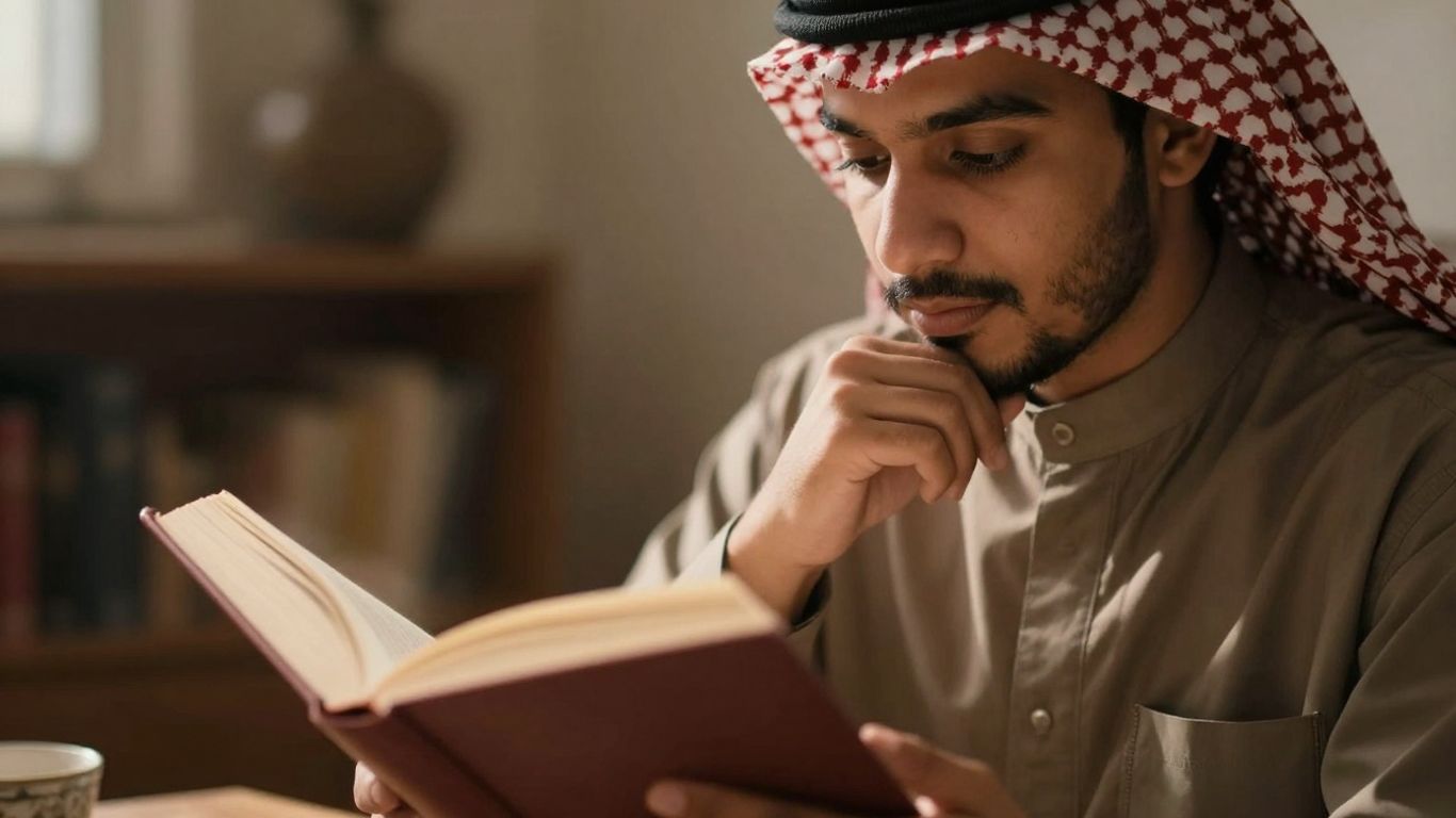 Persoană citind o carte, concentrată.