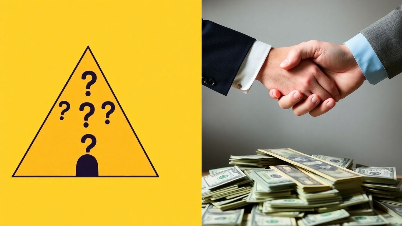 Pyramid scheme question mark and money handshake.