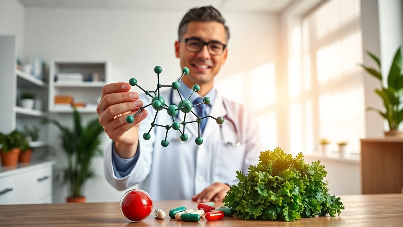 Practitioner with glutathione model and wellness supplements