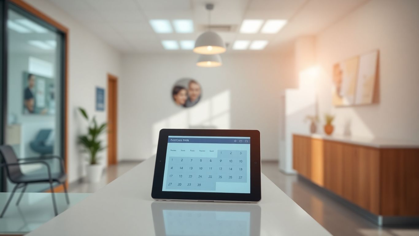 Clinic reception with digital scheduling tablet