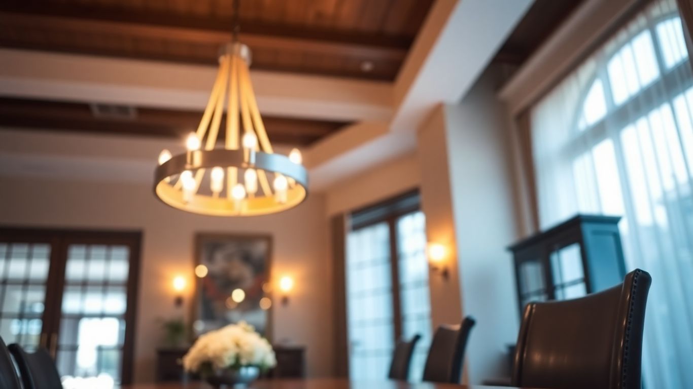 Modern chandelier above a wooden dining table.