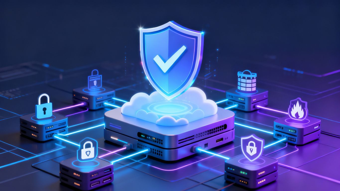 Office 365 security shield with checkmark and cloud servers.
