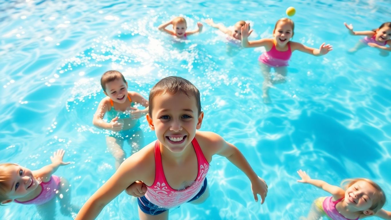 Children learning to swim in a sunny pool