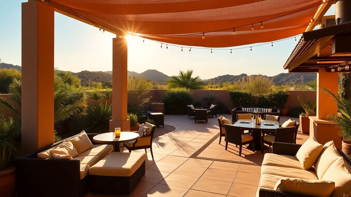 Desert patio with outdoor dining and lush greenery.