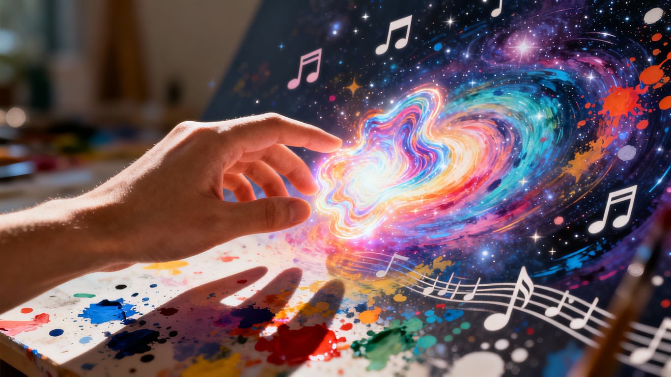 Cosmic colors and artistic elements merging.