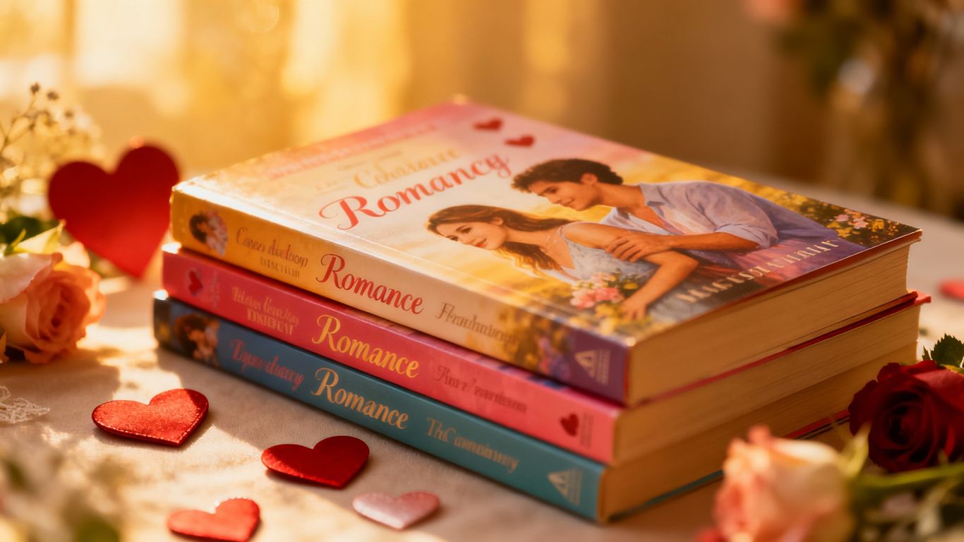 Stack of romance books with hearts and flowers