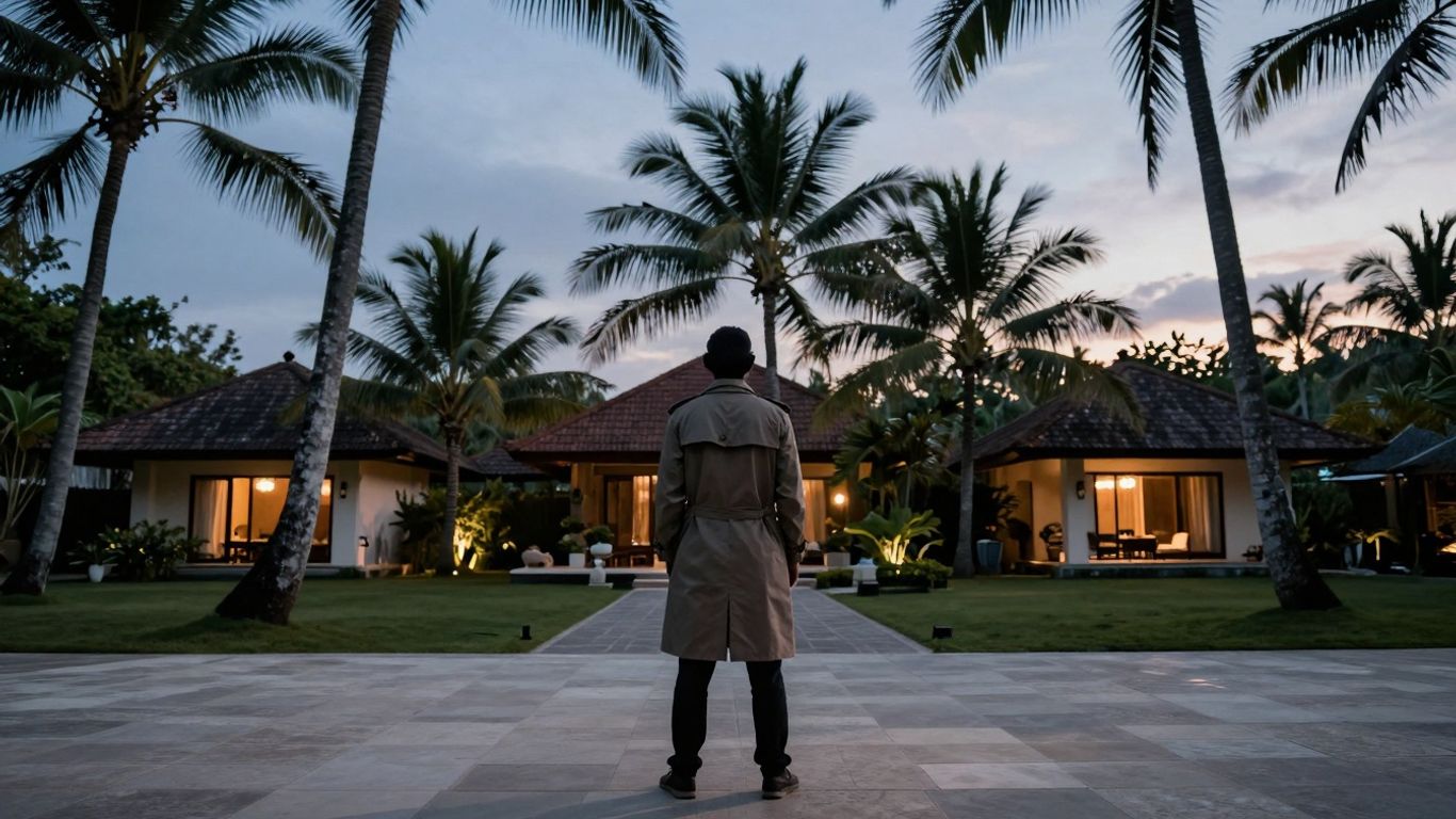 Private investigator observing Bali landscape at dusk.