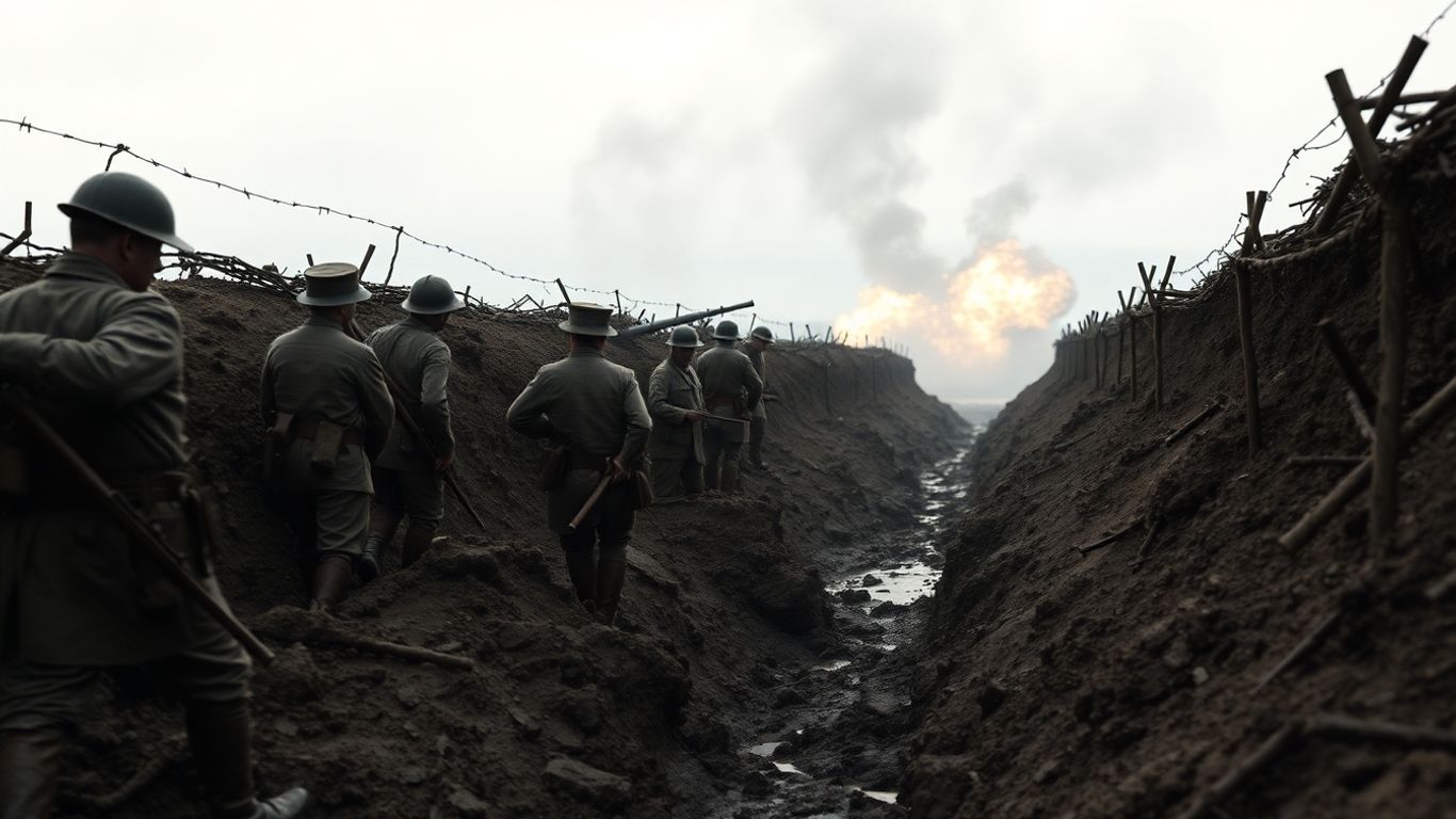 Soldiers in trenches during the Battle of Mons.