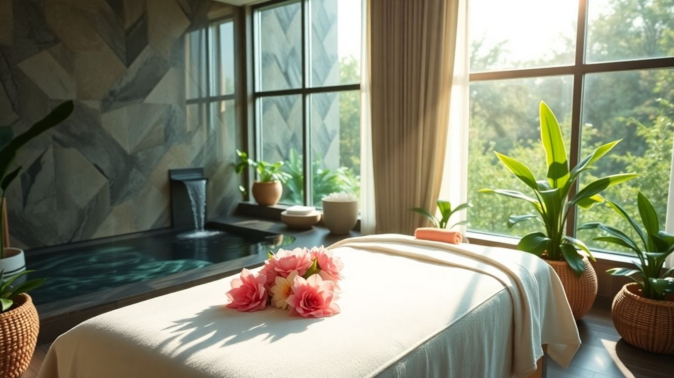 Tranquil spa with water features and flowers.