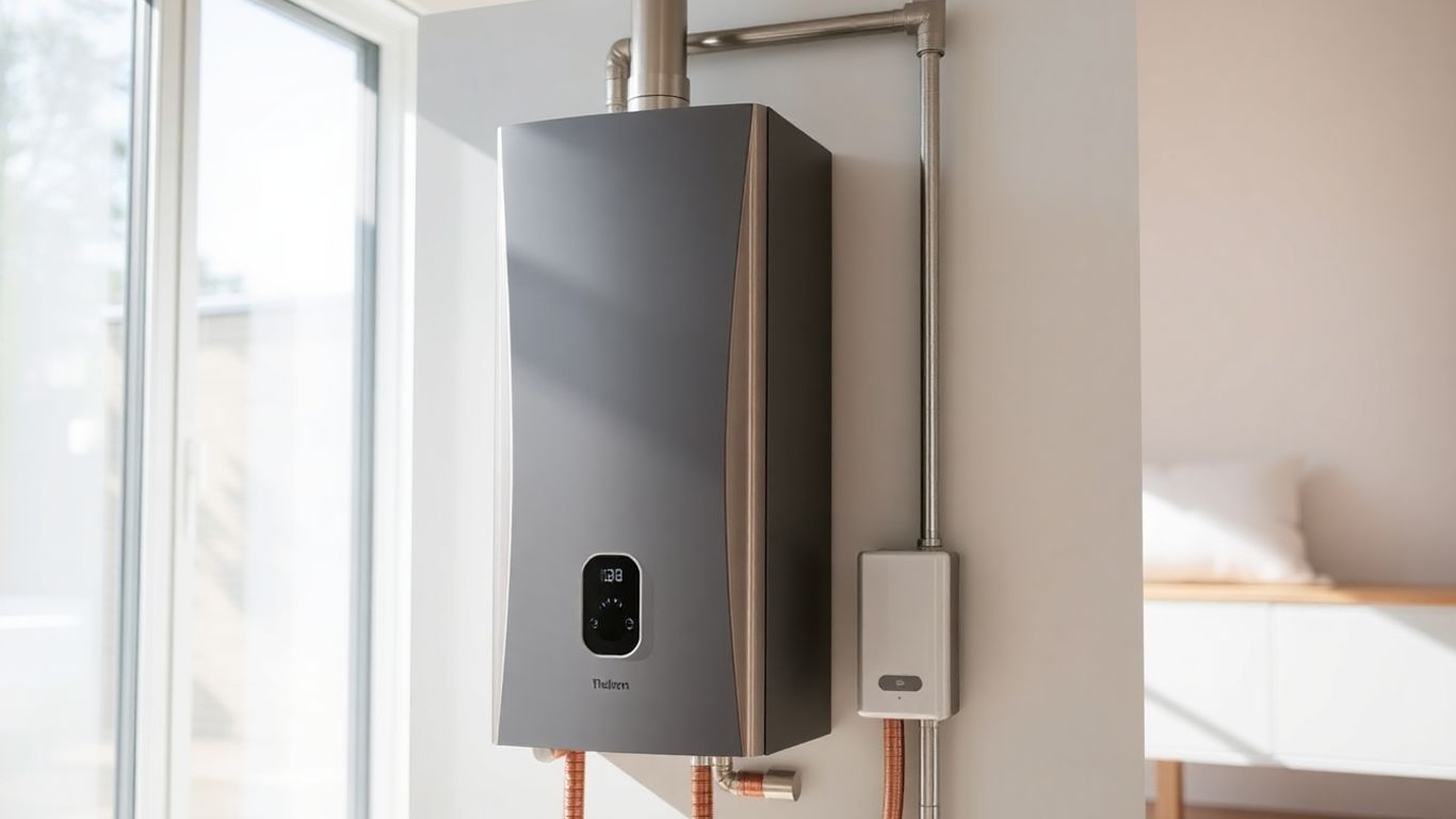 モダンな家にある温水式ヒートポンプ給湯器。