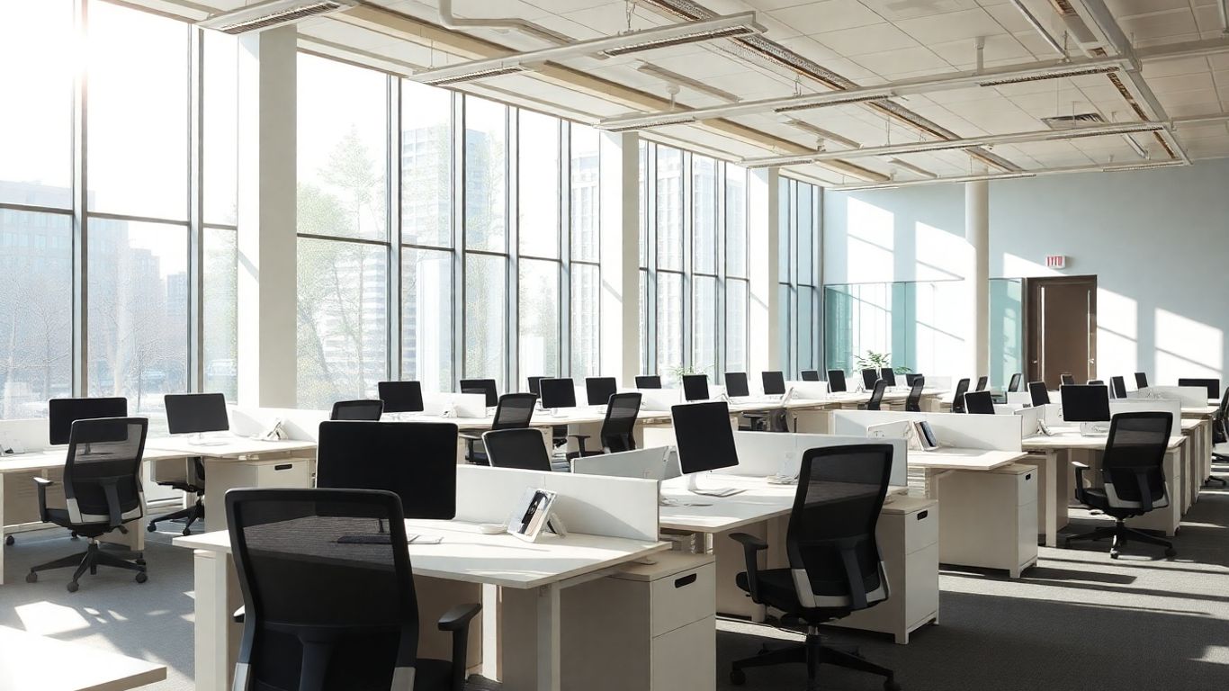 Moderne Bürolandschaft mit freien Schreibtischen und Stühlen.