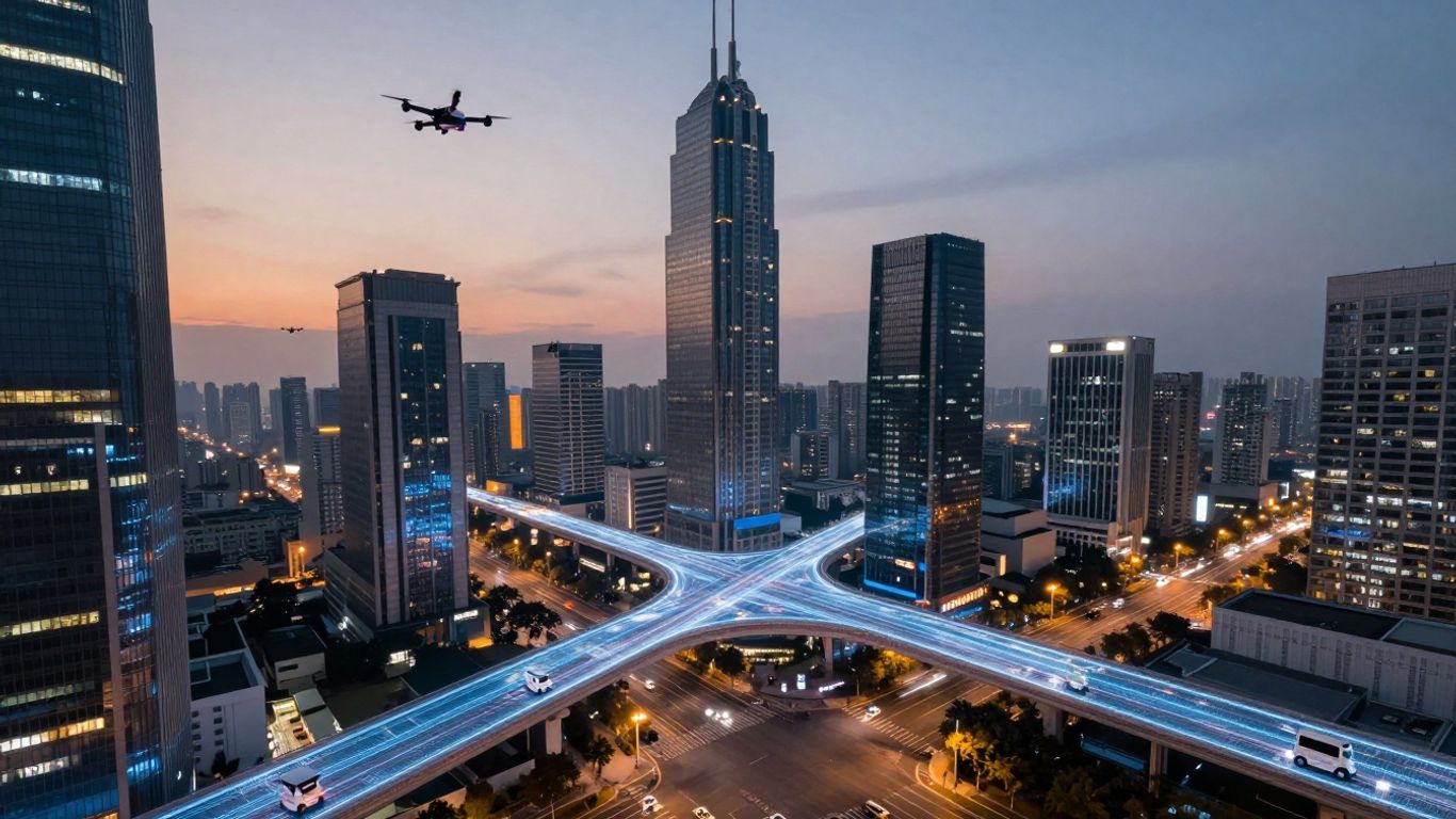 Futuristic cityscape with glowing digital pathways and autonomous vehicles.