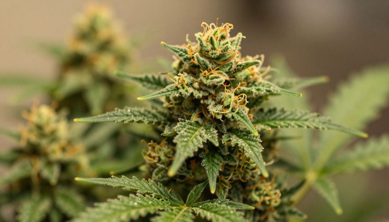 Close-up of fresh, trichome-covered marijuana buds.