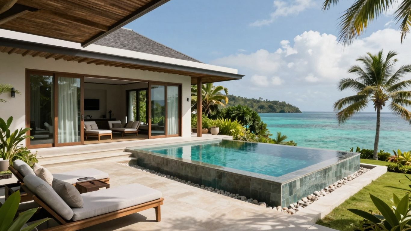 Luxury villa with infinity pool overlooking Labuan Bajo waters.
