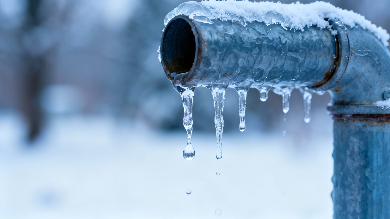 Frozen pipe with dripping water in winter.