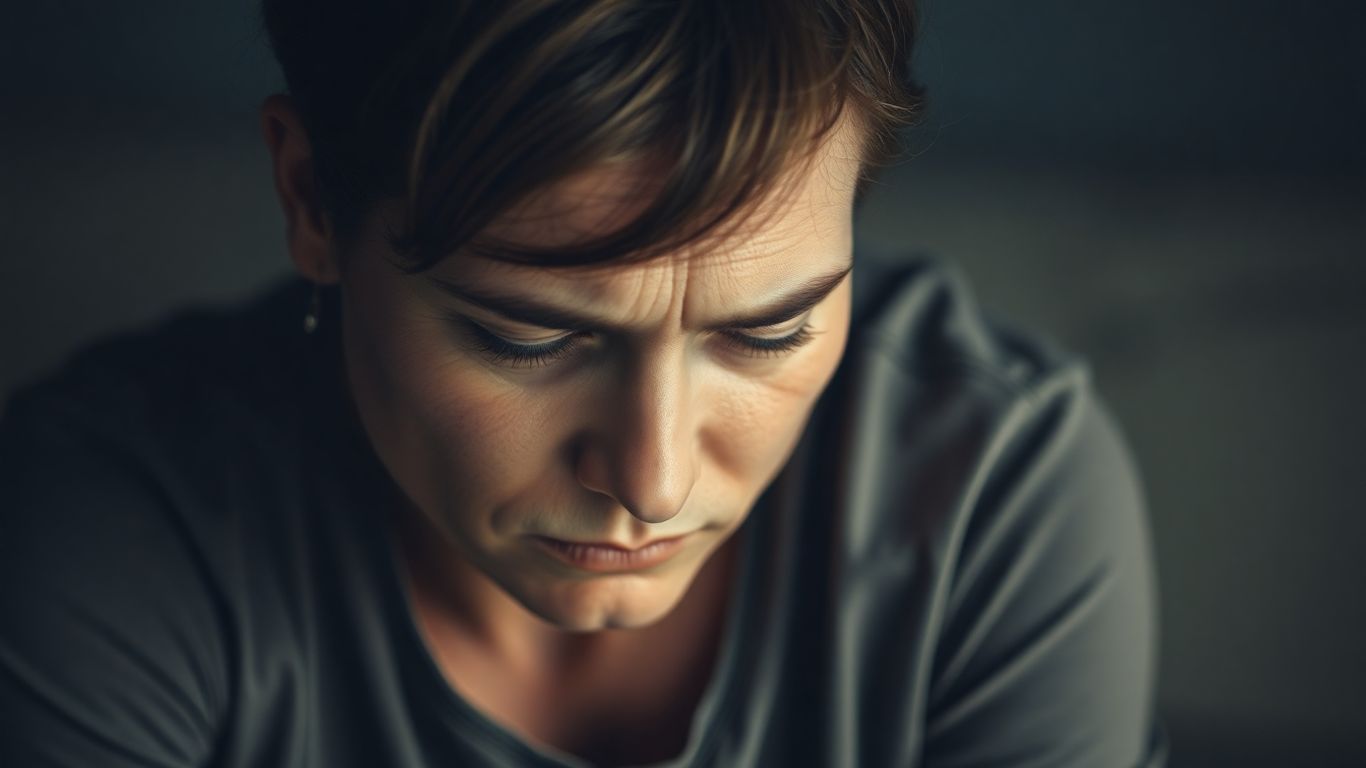 Personne épuisée, visage fatigué, épaules affaissées.