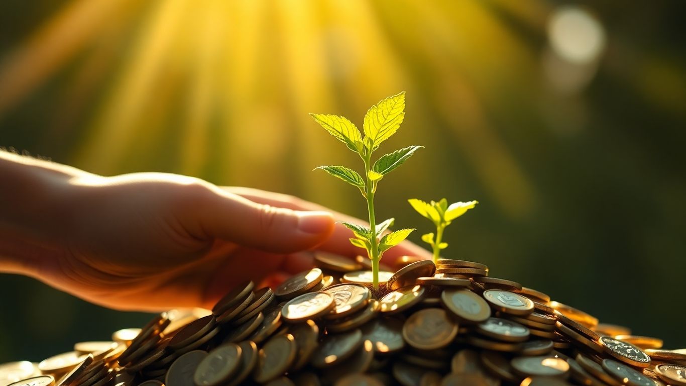 Growing plant from coins with sunlight.